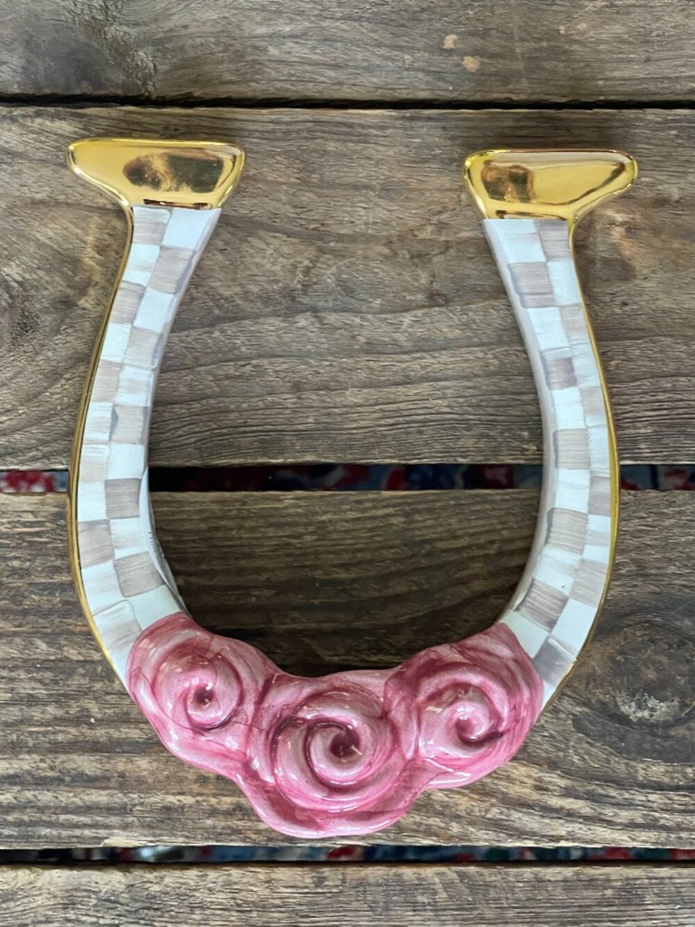 MacKenzie-Childs Lucky Horseshoe Mocha Check Pink Roses Ceramic Decor-NWT